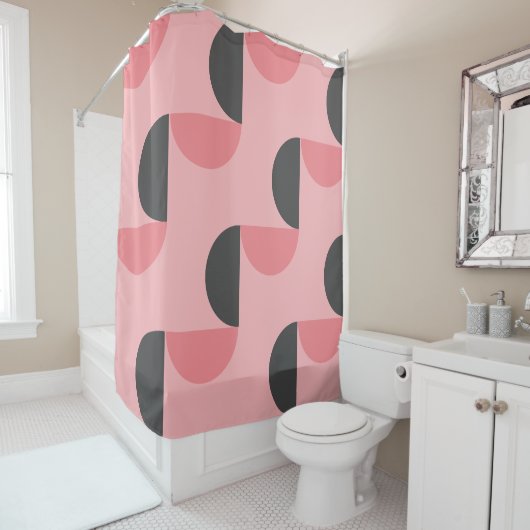 Mid-Century Modern Roze en grijs Douchegordijn (In situ)