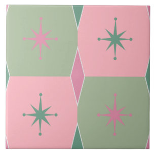 Mid-Century Modern Roze en Groen Patroon Tegeltje