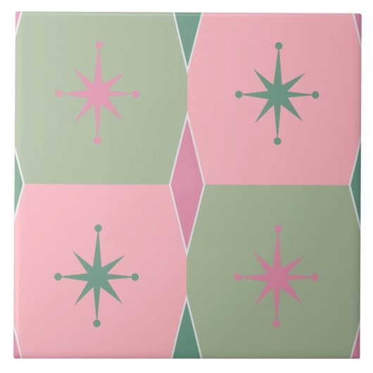 Mid-Century Modern Roze en Groen Patroon Tegeltje (Voorkant)
