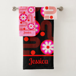 Mid Century Modern Roze Zwart Rood Bloemen Naam Bad Handdoek