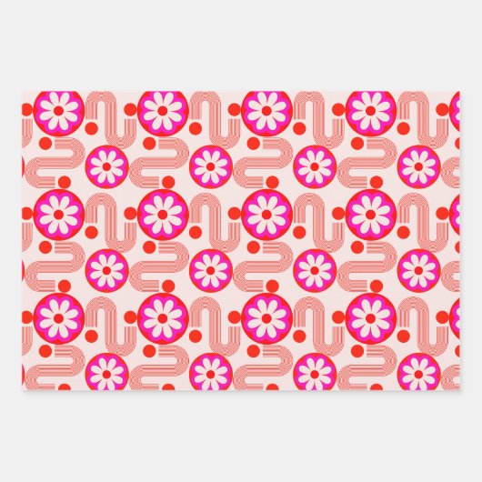 Mid Century Modern Roze Zwart Rood Bloempatroon Inpakpapier Vel (Voorkant 3)