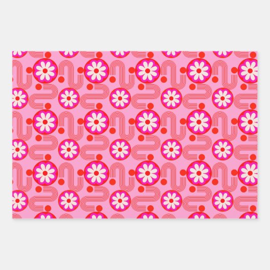 Mid Century Modern Roze Zwart Rood Bloempatroon Inpakpapier Vel (Voorkant 2)