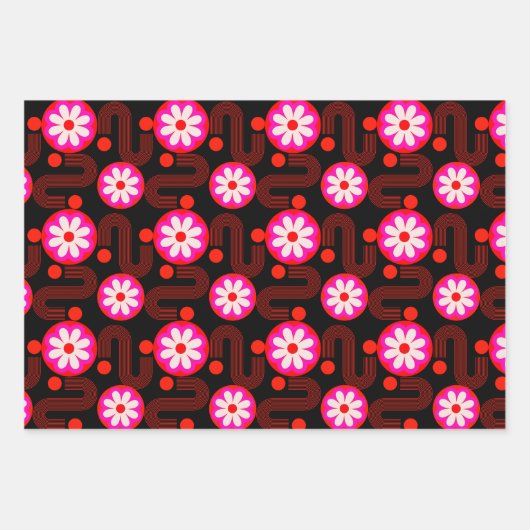 Mid Century Modern Roze Zwart Rood Bloempatroon Inpakpapier Vel (Voorkant)