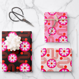 Mid Century Modern Roze Zwart Rood Bloempatroon Inpakpapier Vel