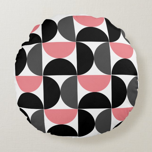 Mid-Century Modern Roze Zwart-wit Rond Kussen (Voorkant)