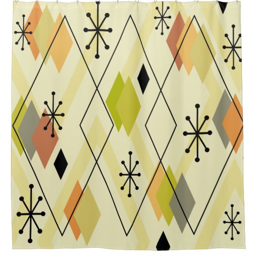 Mid Century Modern Scattered Diamonds Chartreuse Douchegordijn (Voorkant)