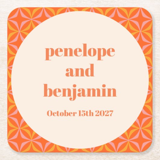 Mid Century Modern Sinaasappel aangepaste bruiloft Kartonnen Onderzetters (Voorkant)
