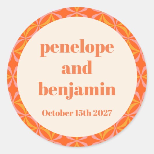 Mid Century Modern Sinaasappel aangepaste bruiloft Ronde Sticker (Voorkant)