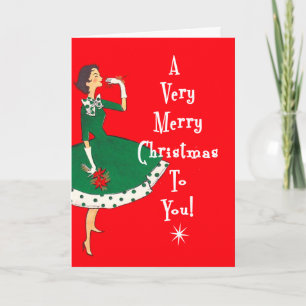 Mid Century Modern Single Meisje Vrolijk Kerstfees Feestdagen Kaart