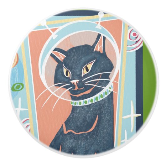 Mid Century Modern Space Kitty Keramische Knop (Voorkant)