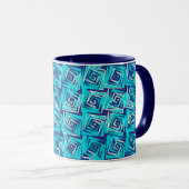 Mid-Century Modern Square Spirals, Navy en Aqua Mok (Voorkant rechts)