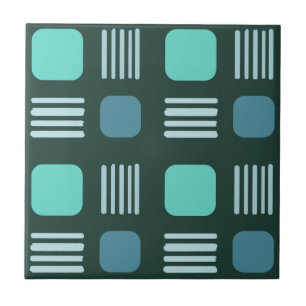 Mid-Century Modern Squares Lines Donker Blauwgroen Tegeltje