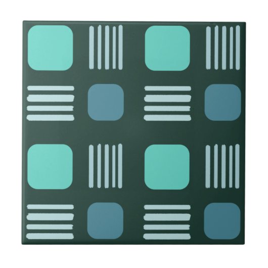 Mid-Century Modern Squares Lines Donker Blauwgroen Tegeltje (Voorkant)