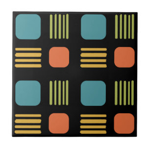 Mid-Century Modern Squares Lines Donkerkleurig Tegeltje