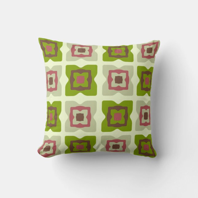 Mid Century Modern Squares Patroon Green Kussen (Voorkant)