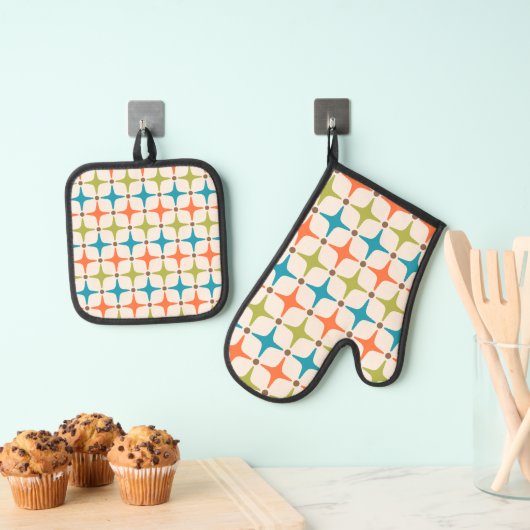 Mid Century Modern Star Pattern Ovenwant & Pannenlap Set (Insitu(Ophanging))