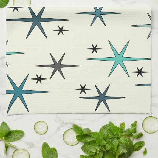 Mid Century Modern Star Sky Turquoise Theedoek (Gevouwen)