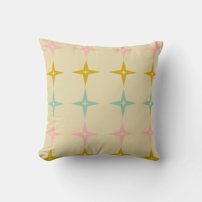 Mid-Century Modern Starburst Patroon in Roze Aqua Kussen (Voorkant)