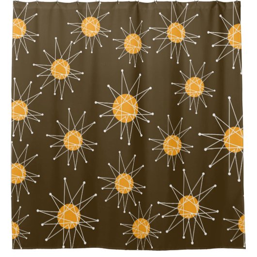 Mid-Century Modern Starburst Pattern Brown Douchegordijn (Voorkant)