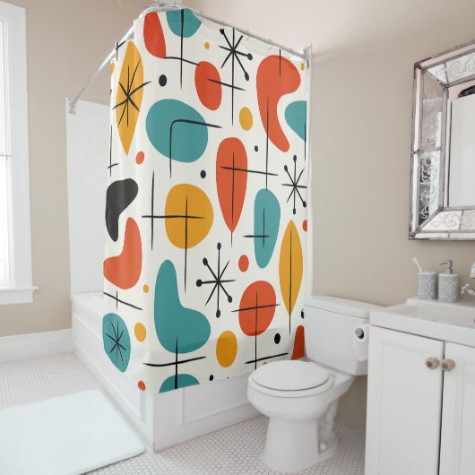 Mid Century Modern Starburst Pattern Douchegordijn (In situ)