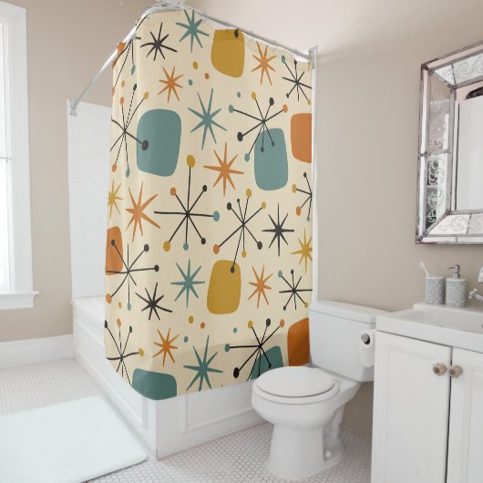 Mid Century Modern Starburst Pattern Douchegordijn (In situ)