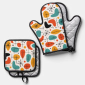 Mid Century Modern Starburst Pattern Ovenwant & Pannenlap Set (Voorkant / Achterkant)