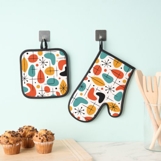 Mid Century Modern Starburst Pattern Ovenwant & Pannenlap Set (Insitu(Ophanging))