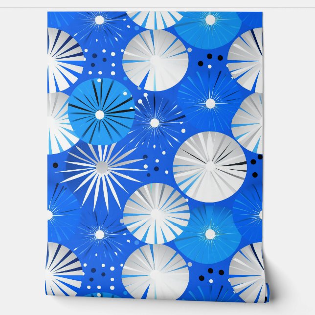 Mid Century Modern Starbursts Blauw en Wit Behang (Afrollen)