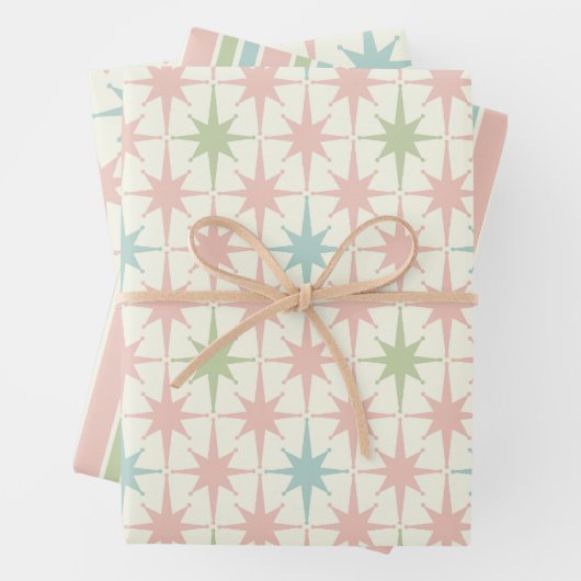 Mid Century Modern Starbursts en Stripes Pastel Inpakpapier Vel (In situ)