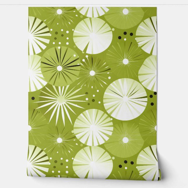 Mid Century Modern Starbursts Olijf en Wit Behang (Afrollen)