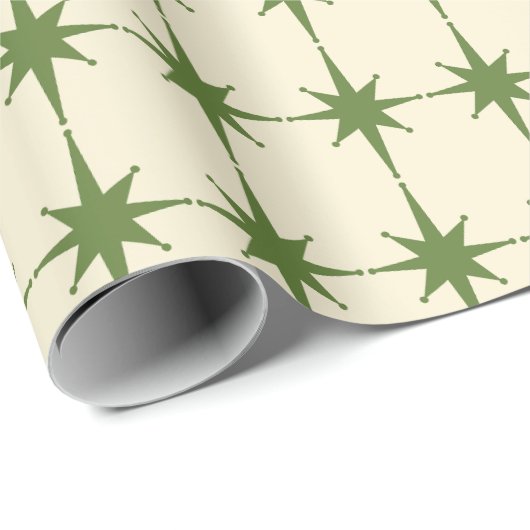 Mid Century Modern Starbursts Olijfgroen Patroon Cadeaupapier (Rol Hoek)
