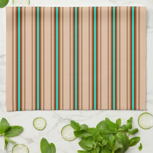 Mid-Century Modern Stripes, Tan. Bruin en Aqua Theedoek (Gevouwen)