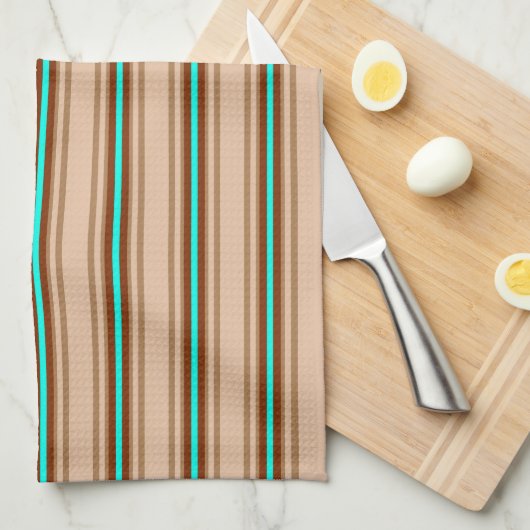 Mid-Century Modern Stripes, Tan. Bruin en Aqua Theedoek (Quarter Fold)