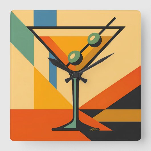 Mid Century Modern Sunrise Bauhaus Martini Vierkante Klok (Voorkant)