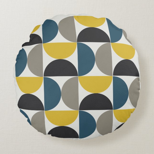 Mid-Century Modern Turmer Gunmetal en blauw Rond Kussen (Voorkant)