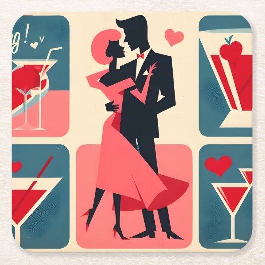 Mid Century Modern Valentijn Dancing Paar Kartonnen Onderzetters (Voorkant)