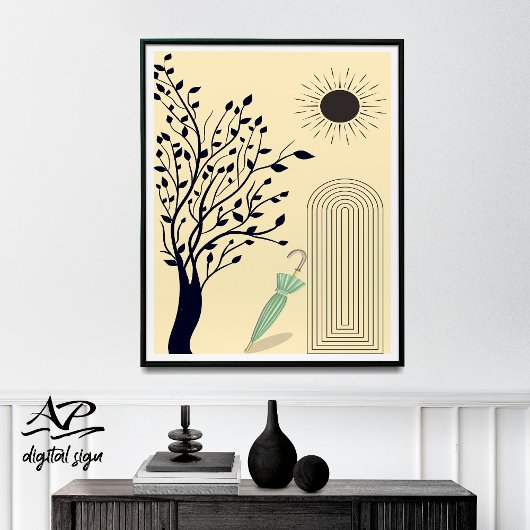 Mid Century Modern Wall Art, Green Umbrella Poster