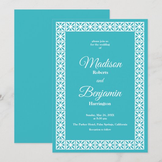 Mid Century Modern Wedding, Retro, Blue, White Kaart (Voorkant / Achterkant)