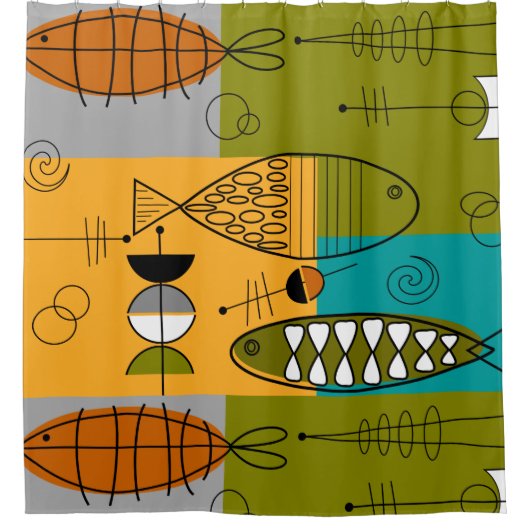 Mid-Century Modern WhimsicalFish Douchegordijn (Voorkant)