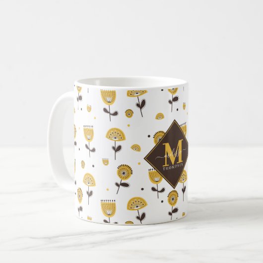 Mid Century Modern Yellow Floral Custom Name Koffiemok (Voorkant links)