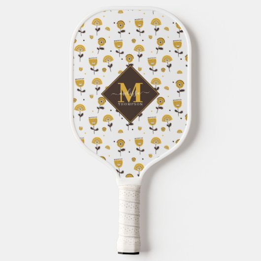 Mid Century Modern Yellow Floral Custom Name Pickleball Paddle (Achterkant)