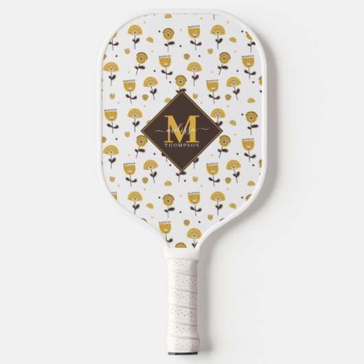 Mid Century Modern Yellow Floral Custom Name Pickleball Paddle (Voorkant)