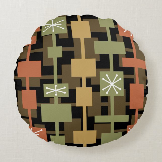 Mid Century Modern zwart veelkleurig Rond Kussen (Voorkant)