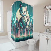 Mid-Century Modern Zwart-wit kat Douchegordijn (In situ)