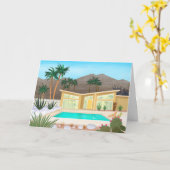 Mid Century Modern Zwembad Huis Blank Kaart (Gele Bloem)