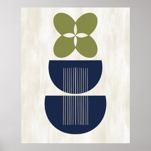 Mid Century Moderne Abstract Botanisch Blauw Groen Poster (Voorkant)