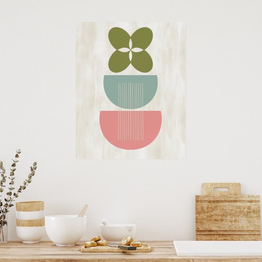 Mid Century Moderne Abstracte Botanische Mint Roze Poster (Keuken)