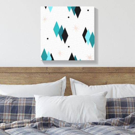Mid Century Moderne Blauwgroen diamanten Canvas Afdruk (Insitu (Slaapkamer))