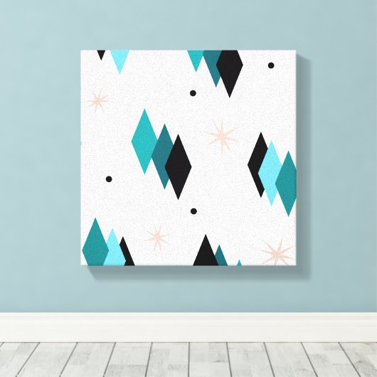 Mid Century Moderne Blauwgroen diamanten Canvas Afdruk (Insitu (Houten vloer))