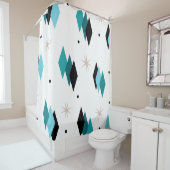 Mid Century Moderne Blauwgroen diamanten Douchegordijn (In situ)